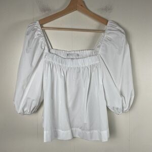 Q2 White Square Neck Puff Sleeve Elastic Shirred‎ Cotton Blend Top M